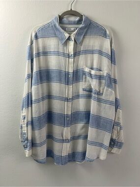 Sonoma Linen & Rayon White with Blue Stripes Long Sleeve Button Down